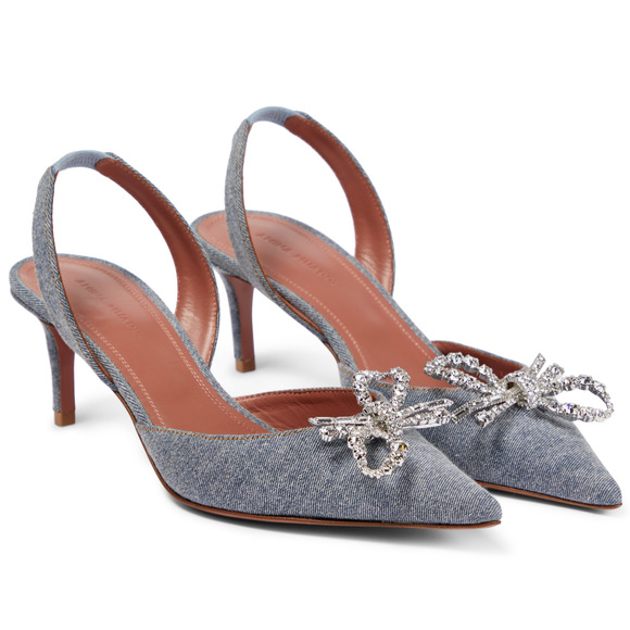 Amina Muaddi Rosie Sling Denim Blue Crystal Bow Slingback Sandal Heel Pump 38.5 - Picture 2 of 11